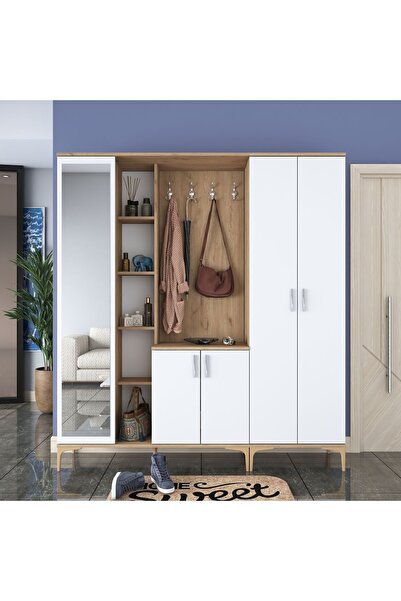 Rani Mobilya Rani Ea131 Portmanto Aynalı Raflı Ayakkabılık Vestiyer Sepet Ceviz - Beyaz