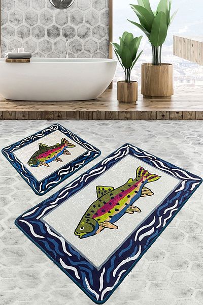 Chilai Home Pescado Bath Mat Set of 2 Non-Slip Base, Washable Djtbanyo