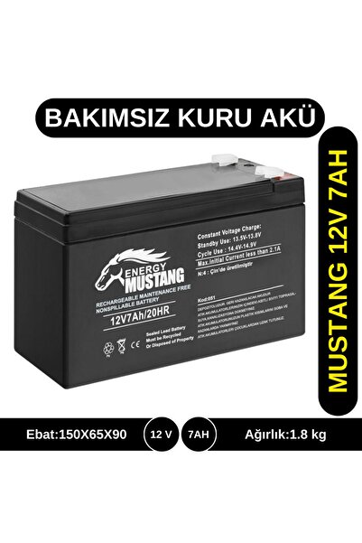 Mustang 12v 7ah Kuru Tip Akü - - Bakımsız Agm Tip Akü