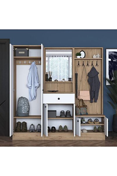 Rani Mobilya Rani P6 Modern Çekmeceli Aynalı Askılı Portmanto Ayakkabılık Vestiyer Sepet Ceviz - Beyaz M3