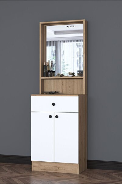 Rani Mobilya Rani P6 Modern Kapaklı Aynalı Portmanto Vestiyer Sepet Ceviz - Beyaz M15