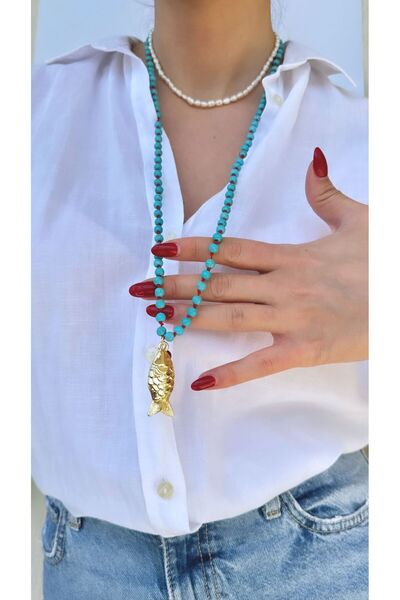 jewine studio Balık Figürlü Mavi Turkuaz ve Mercan Doğal Taşlı Özel Tasarım B...