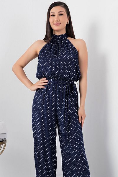 PULLIMM Belted Halter Neck Jumpsuit - Polka Dots, VRN7818
