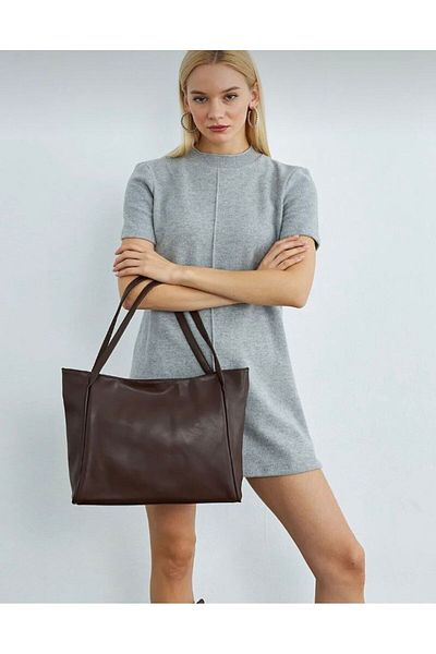 Mercan Stores Women's Large Size Brown Soft Leather Arm and Shoulder Bag