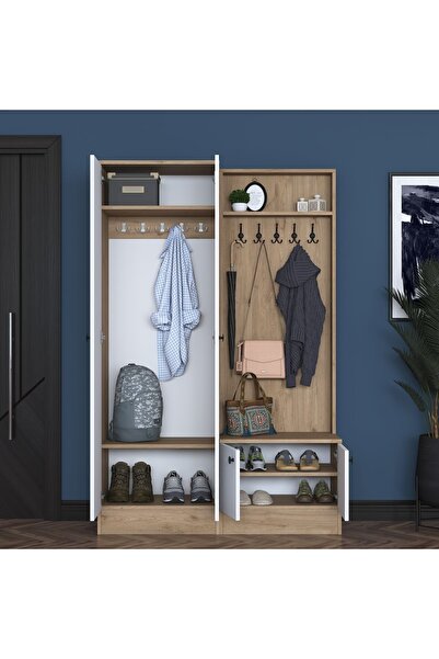 Rani Mobilya Rani P6 Modern Portmanto Askılı Vestiyer Sepet Ceviz - Beyaz M5