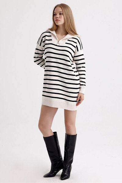MD trend Zippered Collar Striped Oversize Knitwear Women's Dress Sweater