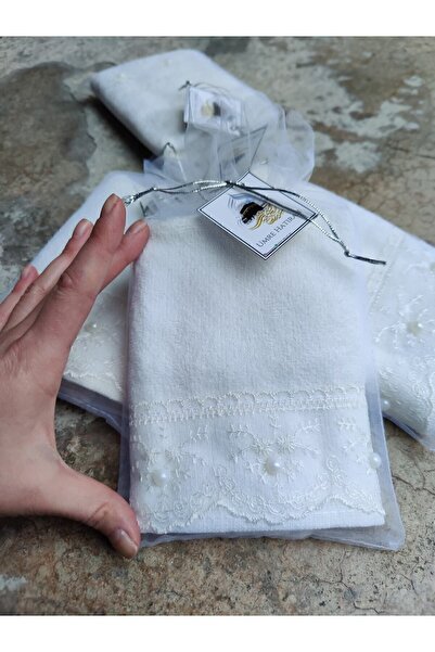 havlu dünyası Pack of 12 Lace Gift Tulle Pouch Ecru Color Kitchen Towels 30×50 cm