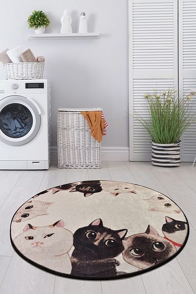 Chilai Home Angry Cats Διάμετρος 100 cm Χαλί μπάνιου που πλένεται, αντιολισθητική βάση Djt
