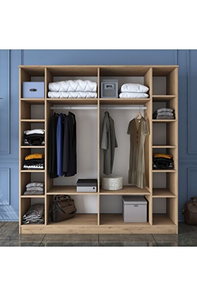 Rani Mobilya Rani Ba114 Geniş Gardırop Elbise Dolabı 6 Kapaklı 16 Raflı 2 Askılı Sepet Ceviz - Beyaz