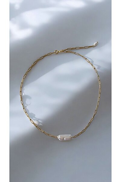 jewine studio Sertifikalı Gerçek Dikdörtgen Barok İncili Çelik Zincirli İnci Kolye