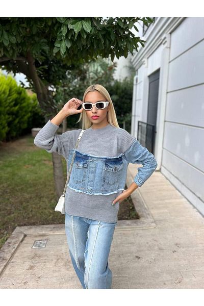 For Angels Pulover din tricot de buzunar din denim