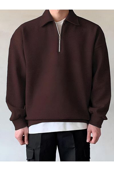 GENIUS STORE سويت شيرت رجالي كبير الحجم بياقة بولو - نصف سحاب