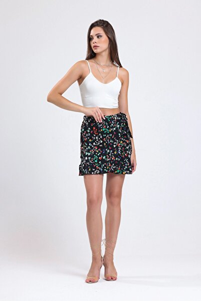 Alexa Dash Fırfır Detaylı Beli Lastikli Likralı Desenli Mini Boy Etek