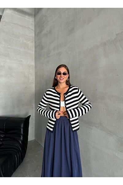 Laluvia Navy Blue-Cream Mia Knitted Side Striped Cardigan-4390