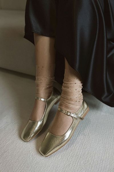 POLKA STORE Petite Gold Dore Closed Back Single Strap Square Toe Helmet Women's Ballerina Shoes Mary Jane