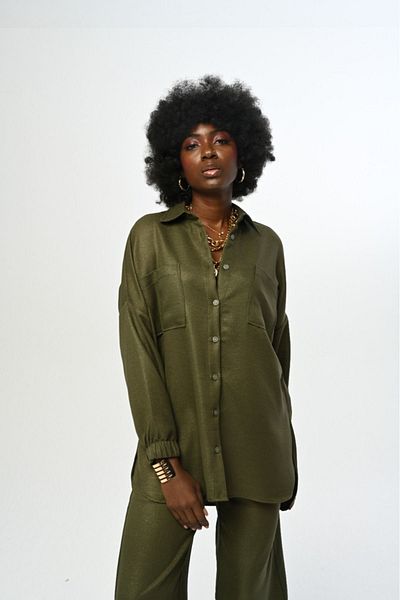 Orfeo Negro Дамска риза Oversize - Едноцветна, Двойни джобове, Набрани ръкави