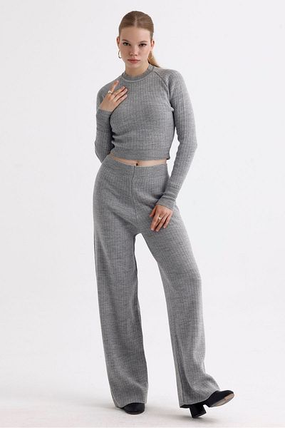 MD trend Women's Crop Sweater and Trousers Double Crew Neck Knitwear Set