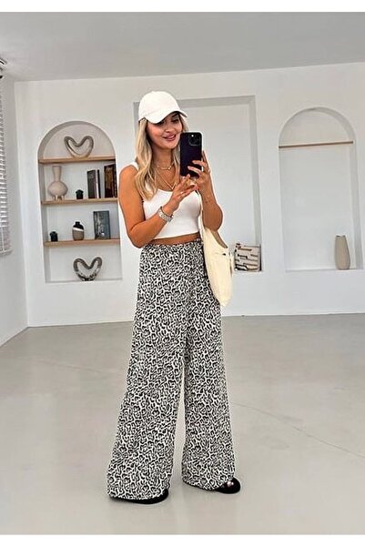 MODAMİKS Leopard Patterned Wide Leg - Elastic Waist Linen Trousers