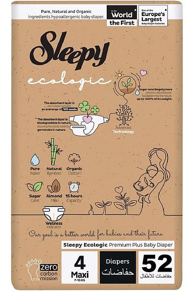 Sleepy Ecologic Size 4 | 52 Count | Plant-Based Diapers | Organic | 100% Leakproof