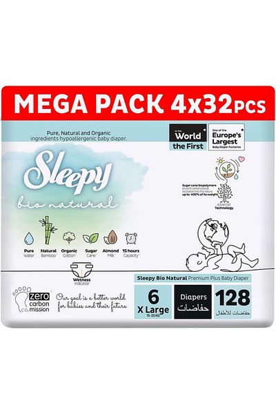 Sleepy Bio Natural Size 6 | 128 Count | 2-5Kg Diapers | Almond Milk | Vegan | 100% Leakproof