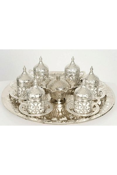 Marateks 6-Person Silver Copper Ottoman Pattern Tray + Turkish Delight Cup Set