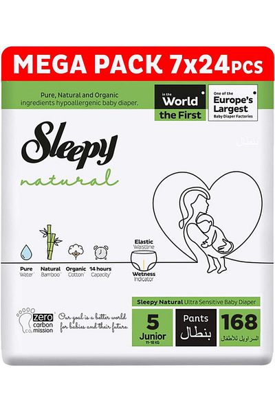 Sleepy Natural Pants Size 5 | Comfort | Absorbent | Eco-Friendly | Hypoallergenic | (5, 168 Count)