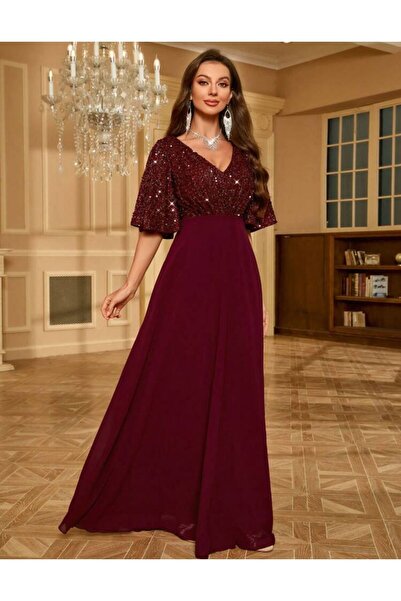 Styling Park Pul Payet Detaylı Şifon Etekli Kısa Kollu Uzun Abiye Elbise