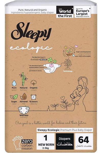 Sleepy Ecologic Size 1|64 Count|Hypoallergenic|Plant-Based|Biodegradable|Premium|Leakproof