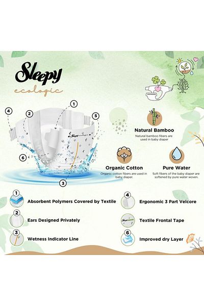 Sleepy Ecologic Size 6 | 32 Count | 3-6Kg Diapers | Hypoallergenic | Organic | 100% Leakproof