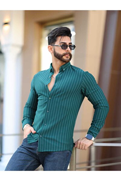 DEFES Men's Regular Striped Shirt Collar Long Sleeve Soft Shirt