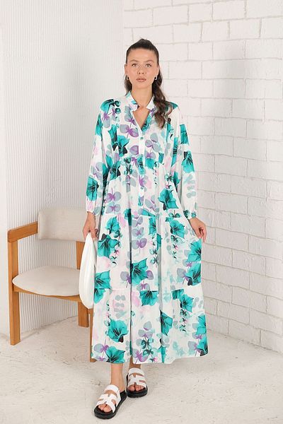 Melike Tatar Viscose Patterned Green-White Dress - 3-3119