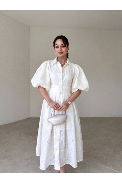 Afiş Butik فستان إكرو ذو أكمام بالون وحزام - مبطن