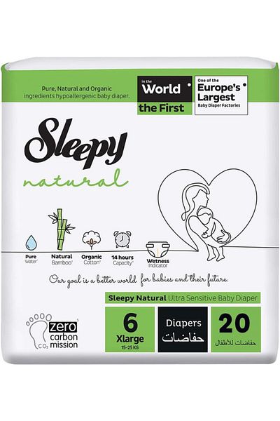 Sleepy Natural Size 6 | 20 Count | 15-25Kg Diapers | Organic Cotton | Bamboo | 100% Dry