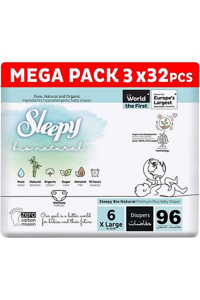 Sleepy Bio Natural Size 6 | 96 Count | 2-5Kg Diapers | Almond Milk | Vegan | 100% Leakproof