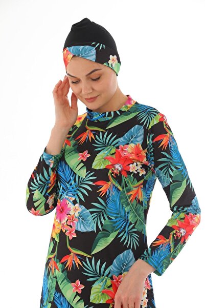 medipek Piros zöld levél mintás - teljes borítású lycra hidzsáb fürdőruha