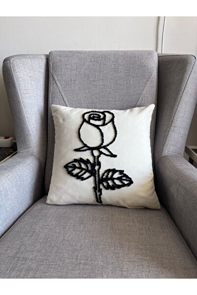 La Vivi كتان أسود - غطاء وسادة منقوش باللون الوردي مقاس 42 × 42 سم