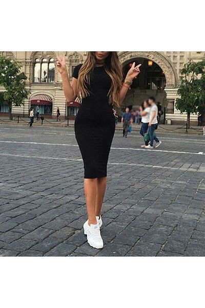 Arzulica Black Short Sleeve Crew Neck Camisole Dress