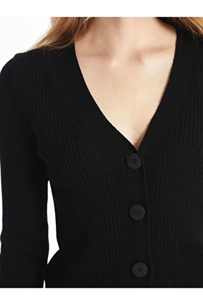 LC Waikiki Lcw Vision - New Black V-Neck Long Sleeve Knitwear Women's Cardigan