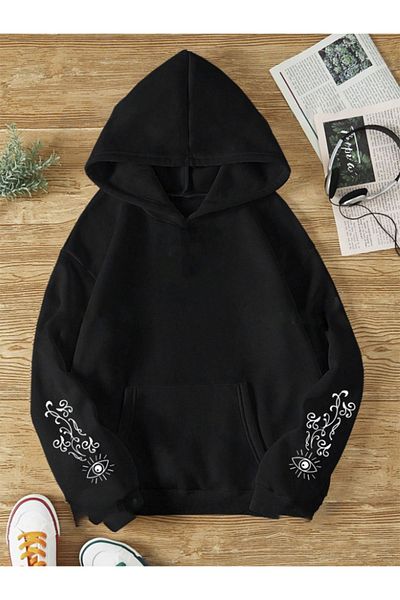 LA GULER Χειμερινό Unisex Oversize Μαύρο Φούτερ - Μανίκι με στάμπα, Κουκούλα, 3 Κλωστές Βαμβακερό