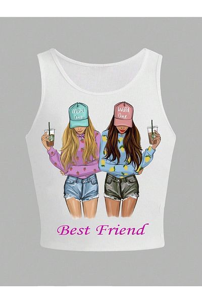 Arzulica Crop Top cu imprimeu Best Friend alb