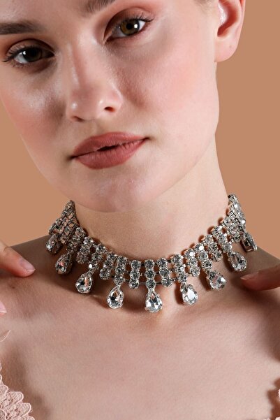 Furtek Aksesuar Kadın Elegante Model Kristal Zirkon Taşlı Gümüş Pırlanta Abiye Gerdanlık Düğün Söz Kına Parti Kolye