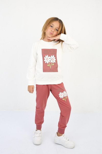 TRENDİMİZBİR Girl's Time to Do Flower Printed Double Set Dusty Rose