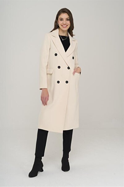 Olcay Jacket Collar Medium Length Double Breasted Coat EKRU 3910