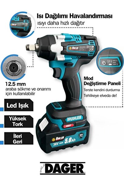 Genel Markalar 36 V 5 Ah Akülü Somun Bijon Sökme Sıkma Matkap Kömürsüz Akülü ...