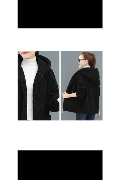 GENÇ MODA Извънгабаритно плюшено поло яке с качулка и цип, без подплата отвътре навън