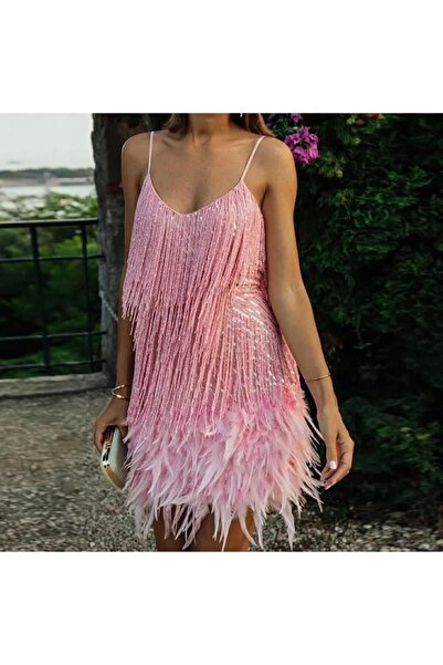 DESİGNEDBYD Kadın Dekolteli Parıltılı Tüylü Mini Abiye Parti Mezuniyet After Parti Gece Elbisesi