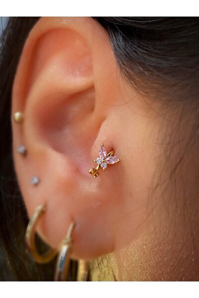 Arescollection Cerrahi Çelik Gold Renk Kelebek Mini Halka Tragus Helix Kıkırdak Piercingi