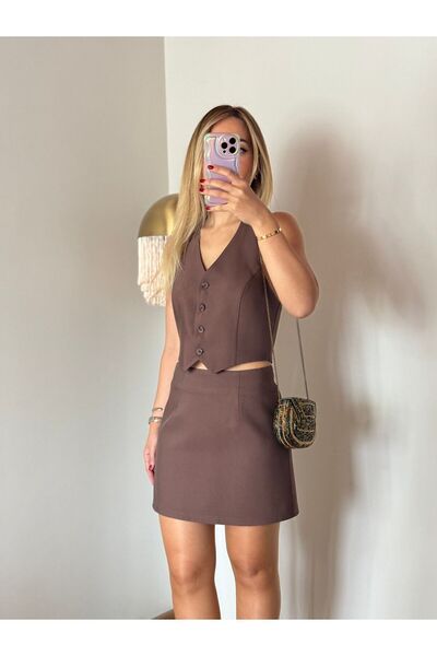 Butik Kahve yelek ve etekli takım