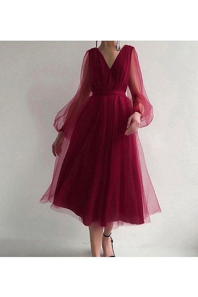 madamjasmine V-Neck Tulle Lined Midi Evening Dress - My Dream Women's Graduation Dress
