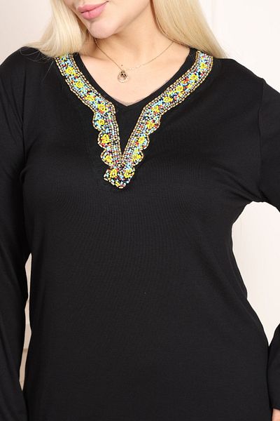 HÜLYA BUTİK BLACK V-NECK COLOR BLUZE WITH ACCESSORY DETAIL